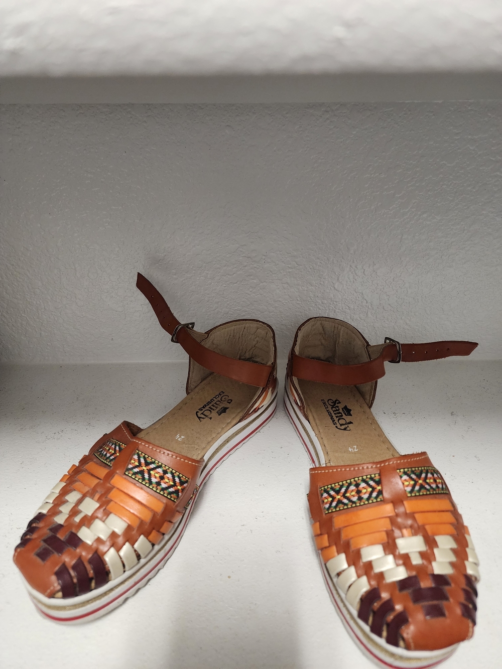Brown Woven Huarache Sandals with Embroidered Accent